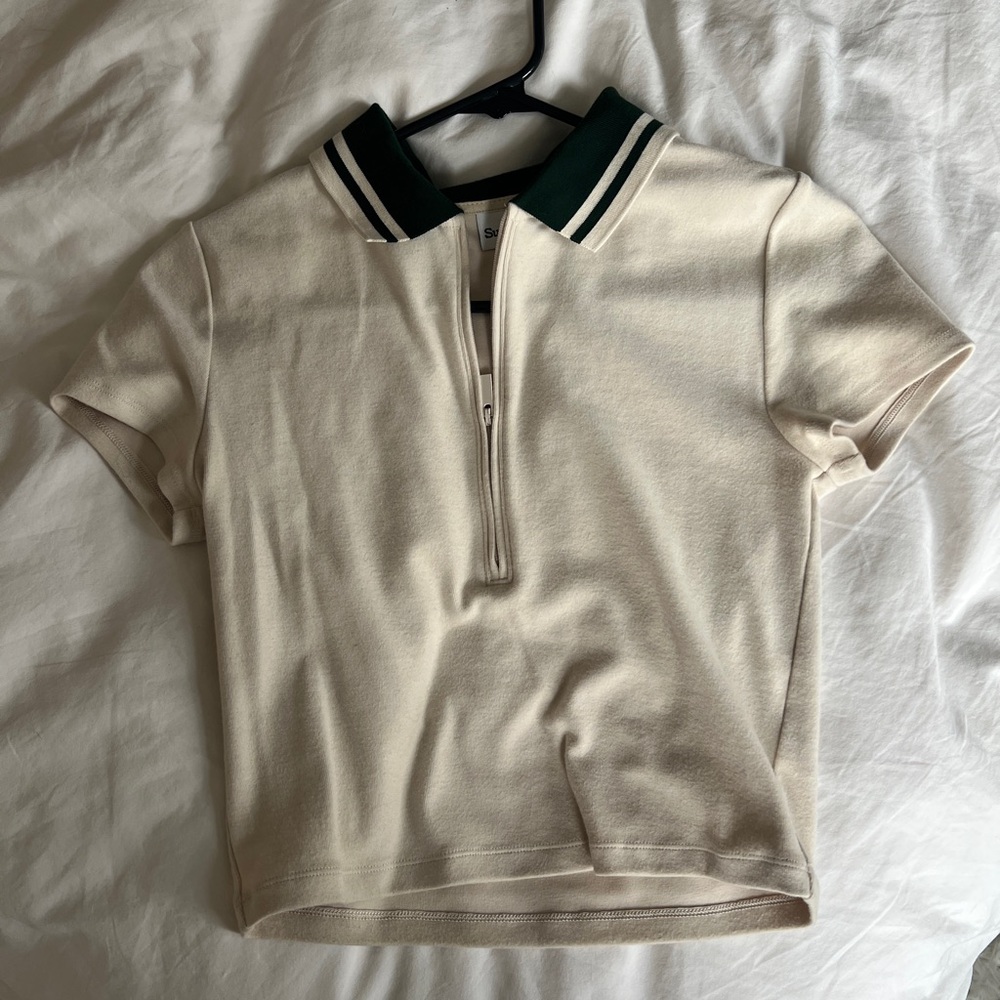 Aritzia Cream Half Zip with Green Collar